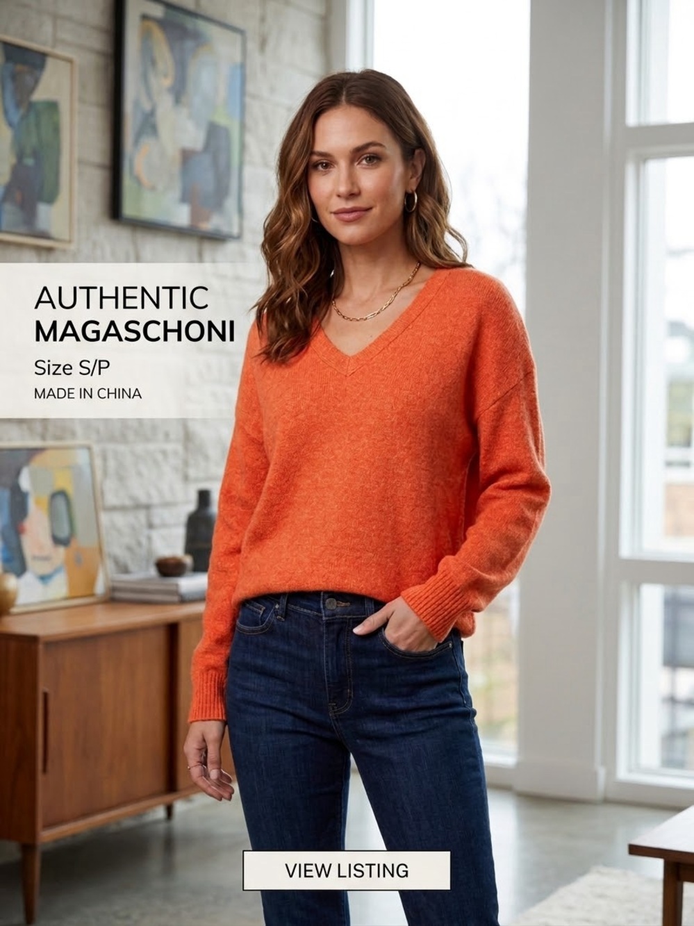 Magaschoni Bright Orange V-Neck Knit Pullover Sweater Size Small
